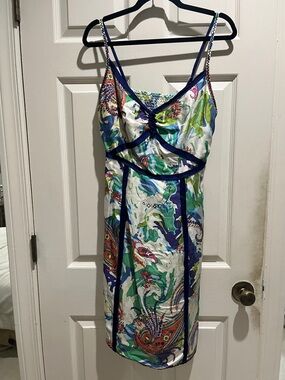 Robert Graham White Multicolor Paisley-Print Satin Dress with Blue Trim